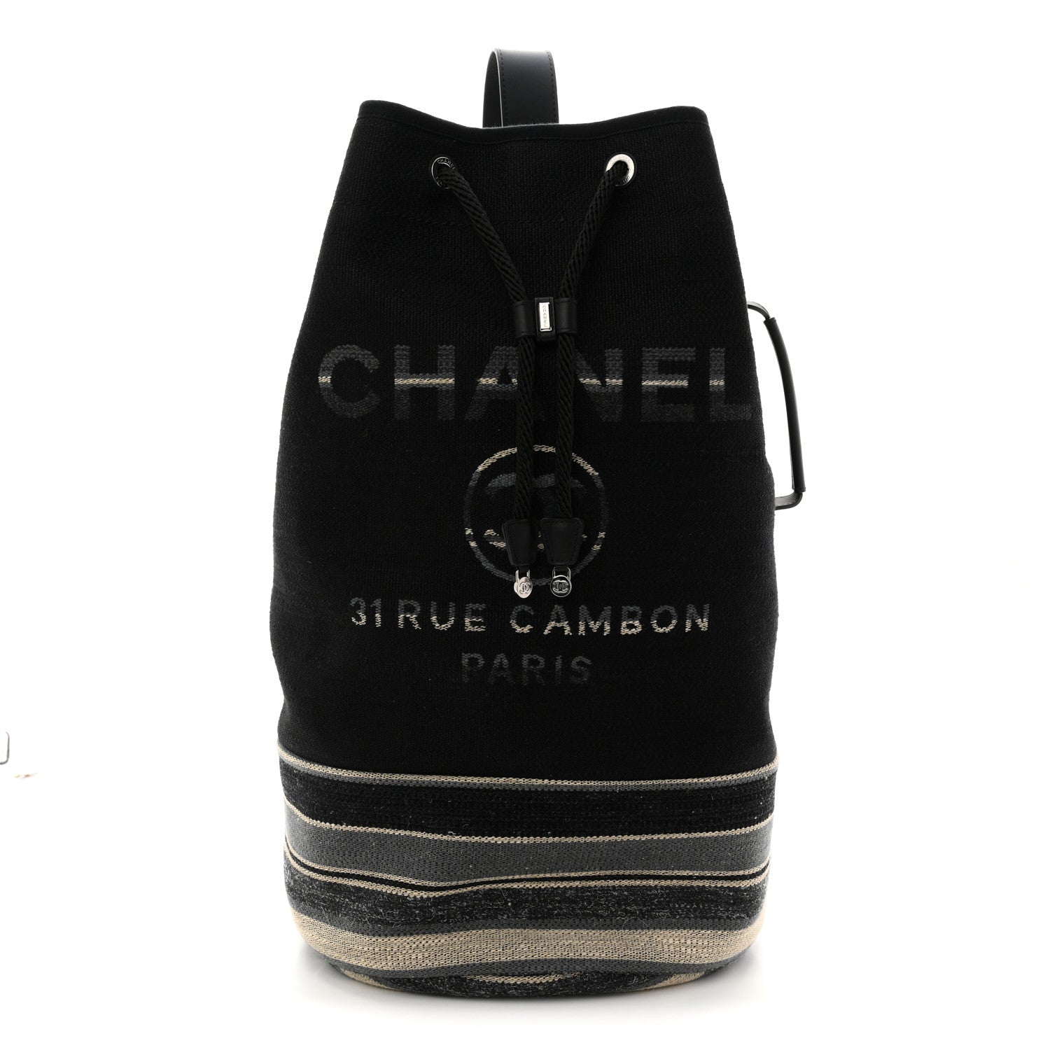 Chanel Striped Canvas Deauville Drawstring Backpack Black