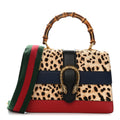 Gucci Calf Hair Calfskin Bamboo Web Leopard Print Medium Dionysus Top Handle Bag Natural Blue Agata Hibiscus Red