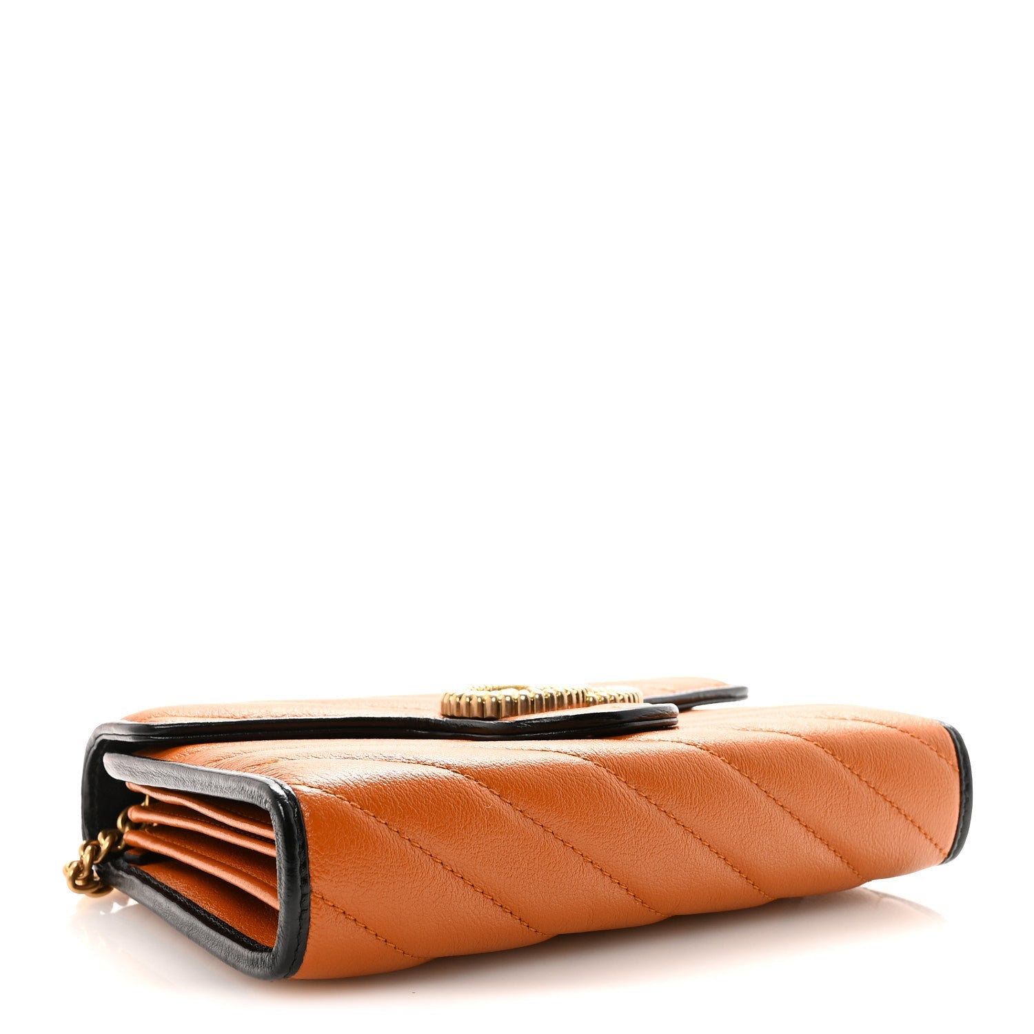 Gucci Vintage Effect Calfskin Matelasse Diagonal Torchon GG Marmont Chain Wallet Cognac