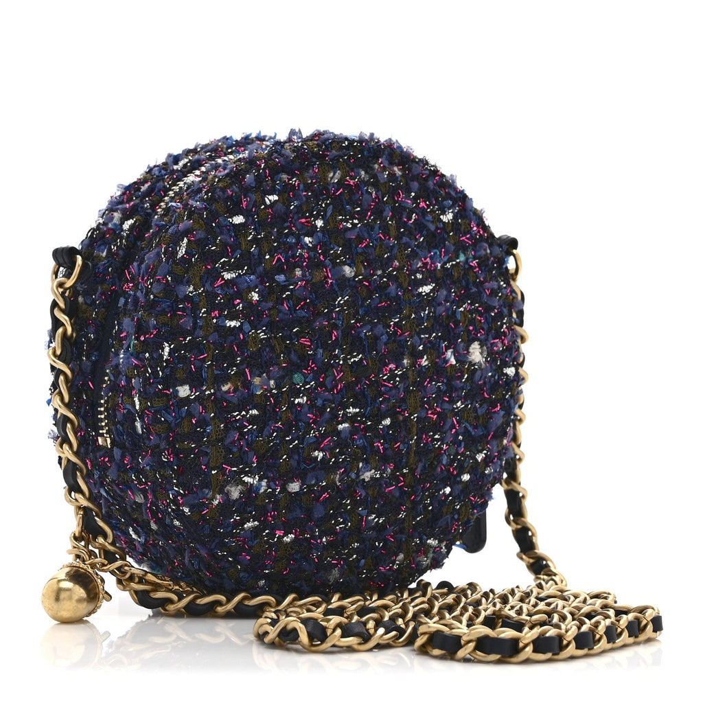 Chanel Tweed Quilted Round Clutch With Chain Multicolor