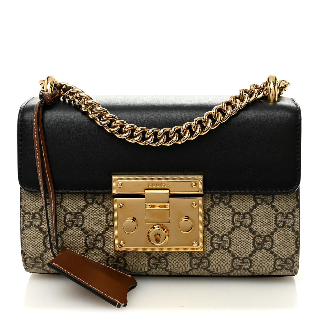 Gucci GG Supreme Monogram Calfskin Small Padlock Shoulder Bag Beige Black Cuir