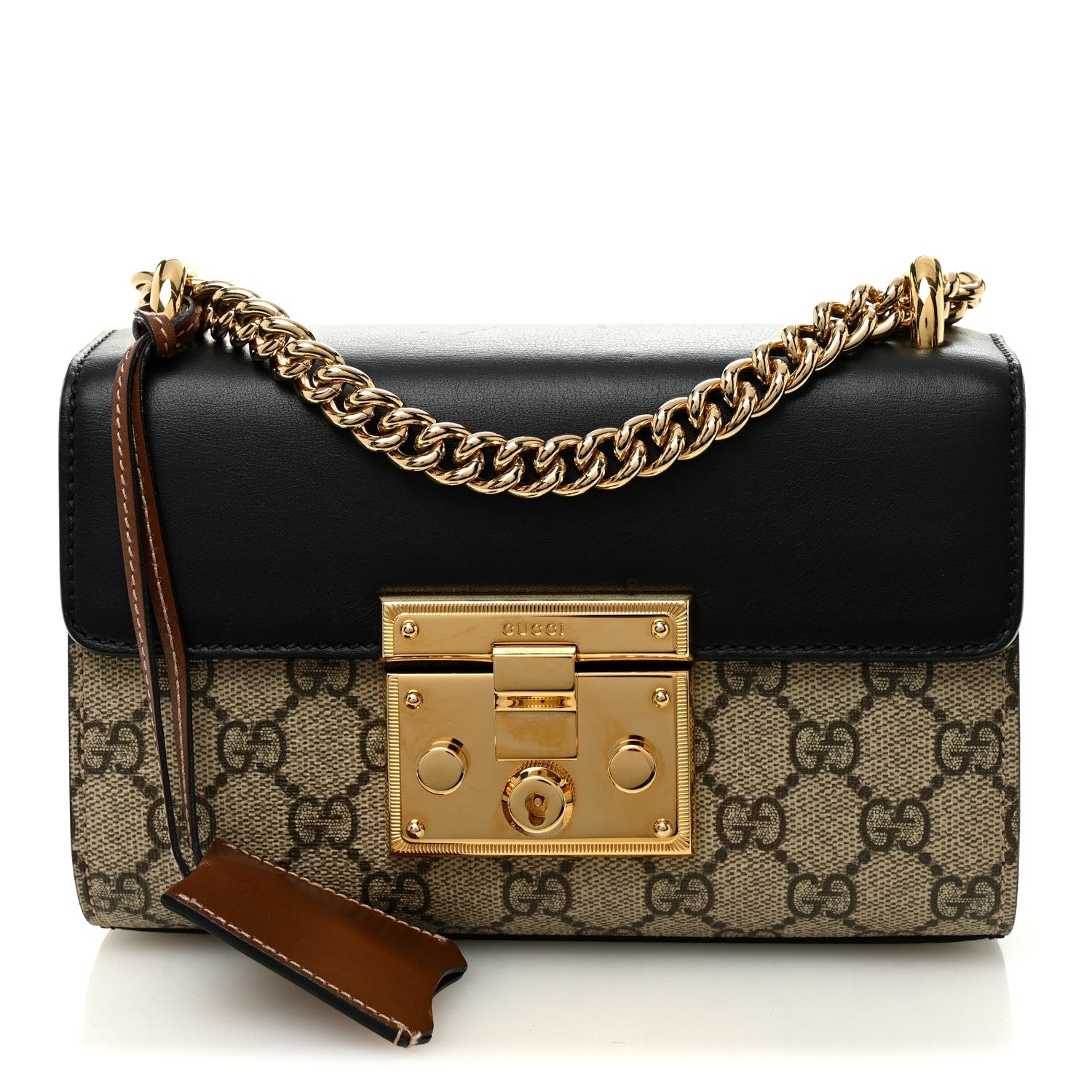 Gucci GG Supreme Monogram Calfskin Small Padlock Shoulder Bag Beige Black Cuir