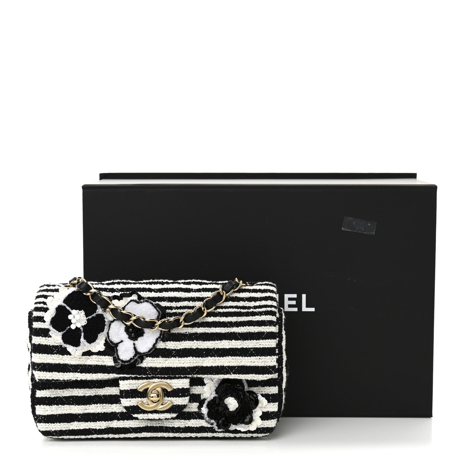 Chanel Striped Tweed Sequin Quilted Camellia Embellished Mini Rectangular Flap Ecru Black