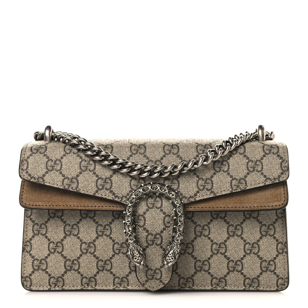 Gucci GG Supreme Monogram Suede Crystal Small Dionysus Shoulder Bag Beige Ebony Taupe