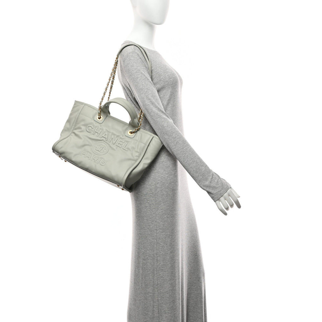Chanel Calfskin Embossed Small Deauville Tote Light Blue