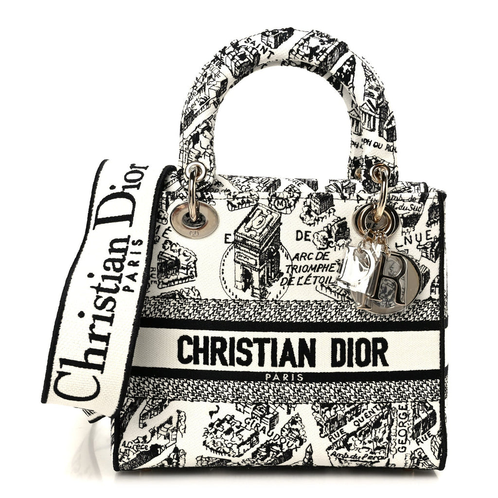 Christian Dior Canvas Embroidered Plan de Paris Medium Lady D-Lite White Black