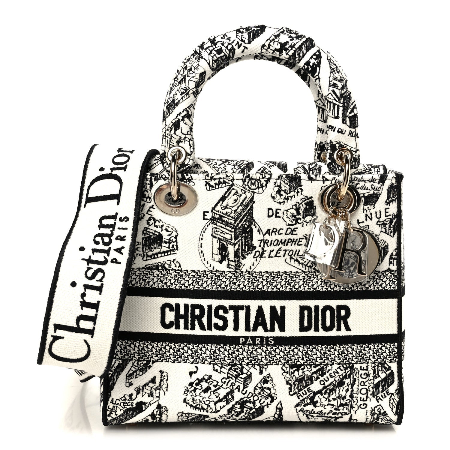Christian Dior Canvas Embroidered Plan de Paris Medium Lady D-Lite White Black