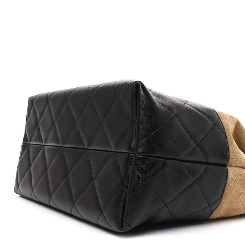 Chanel Suede Shiny Lambskin Quilted Large Shopping Bag Beige Black
