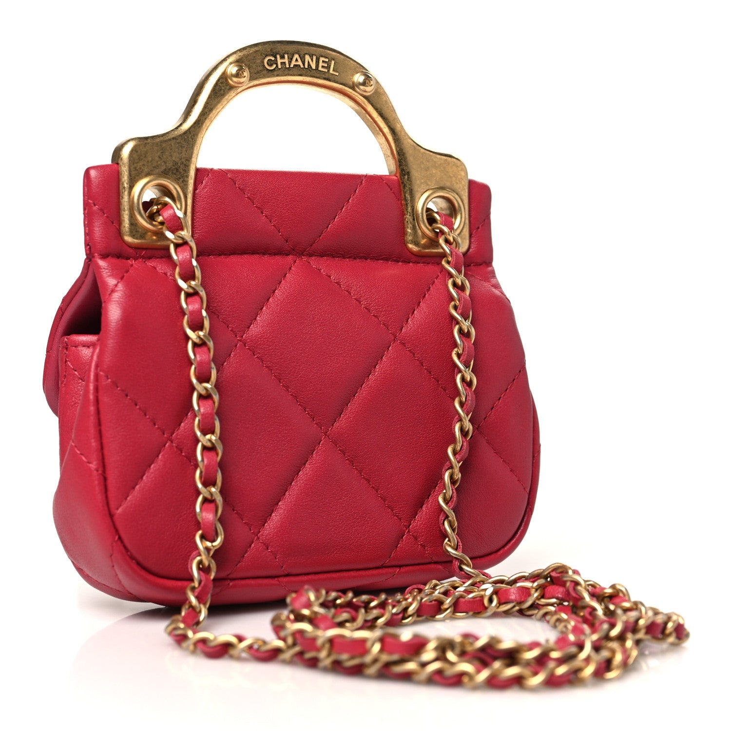 Chanel Calfskin Quilted Lady Handle Flap Card Holder With Chain Dark Pink