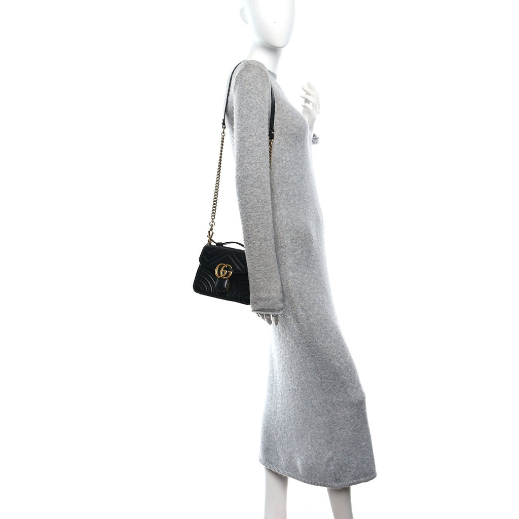 Gucci Calfskin Matelasse Mini GG Marmont Top Handle Shoulder Bag Black