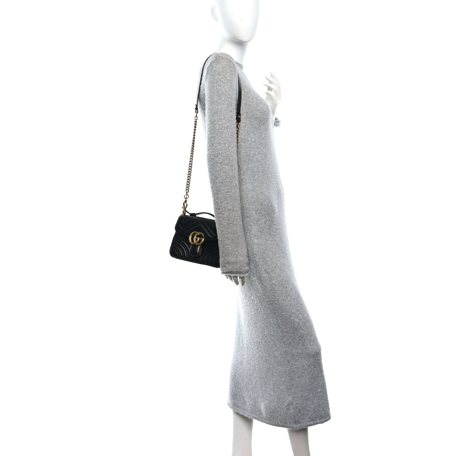 Gucci Calfskin Matelasse Mini GG Marmont Top Handle Shoulder Bag Black