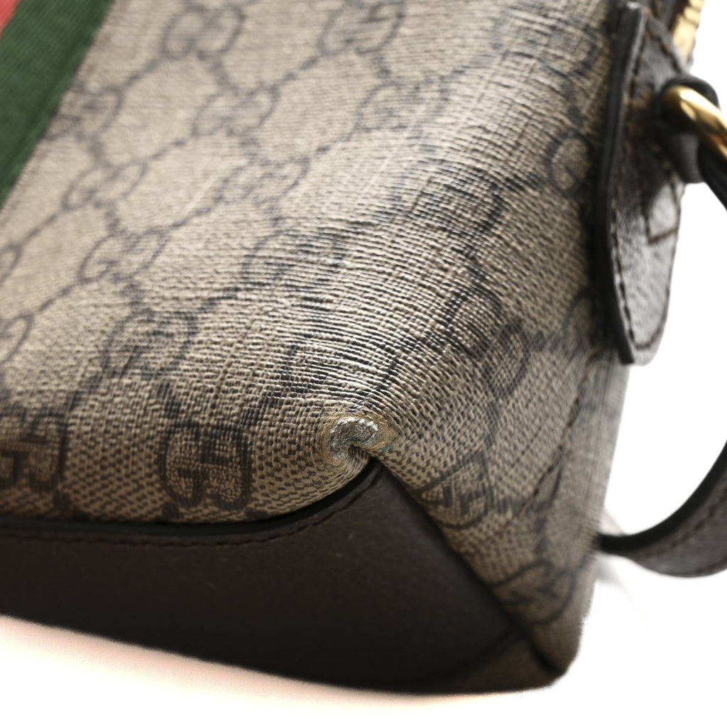 Gucci GG Supreme Monogram Textured Dollar Calfskin Web Small Ophidia Dome Shoulder Bag Beige Ebony New Acero