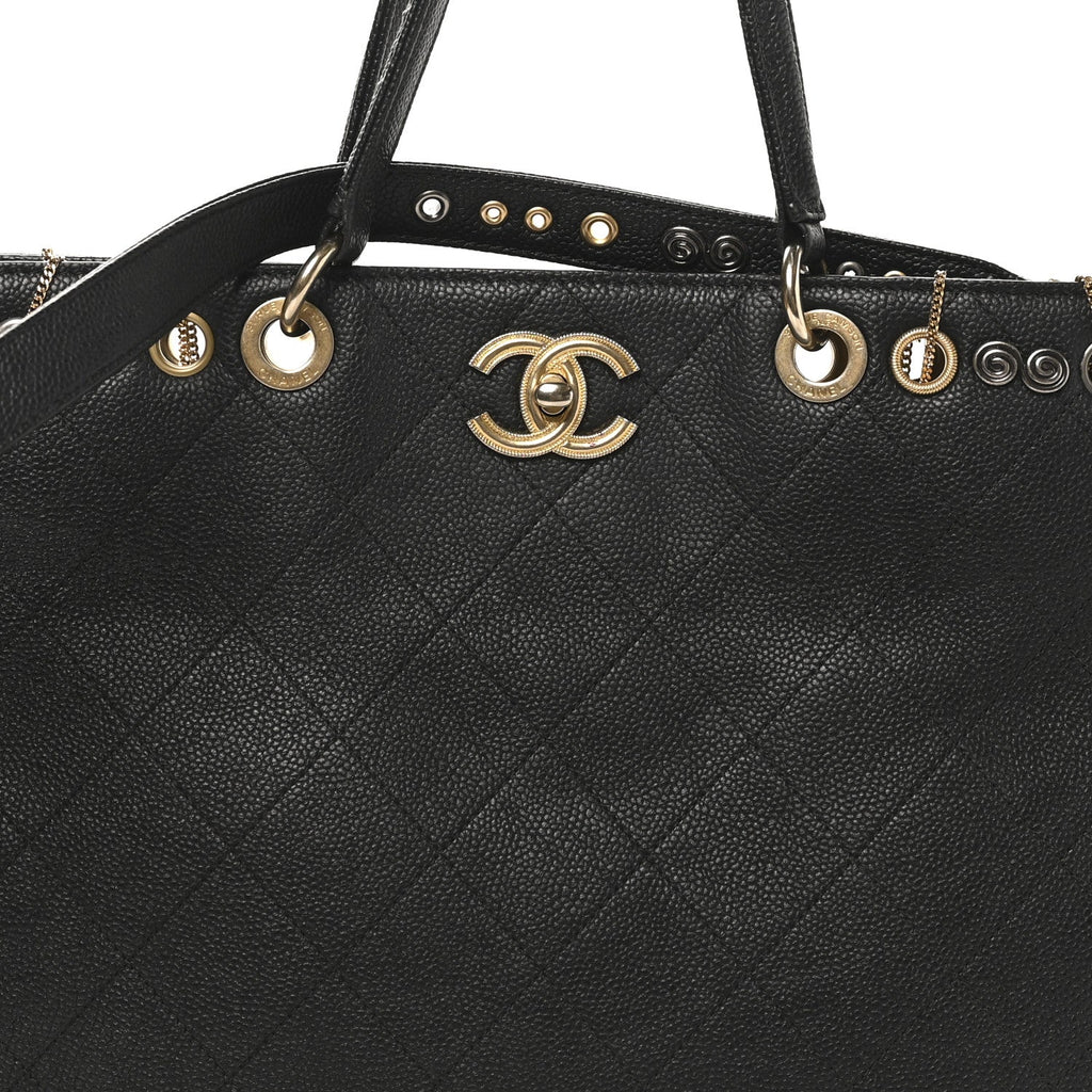 Chanel Caviar Quilted Grommet Embellished Piercing Chic Tote Bag Black