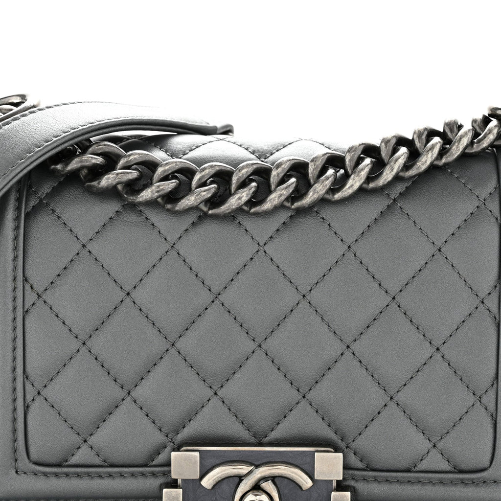 Chanel Metallic Calfskin Quilted Small Boy Flap Dark Silver