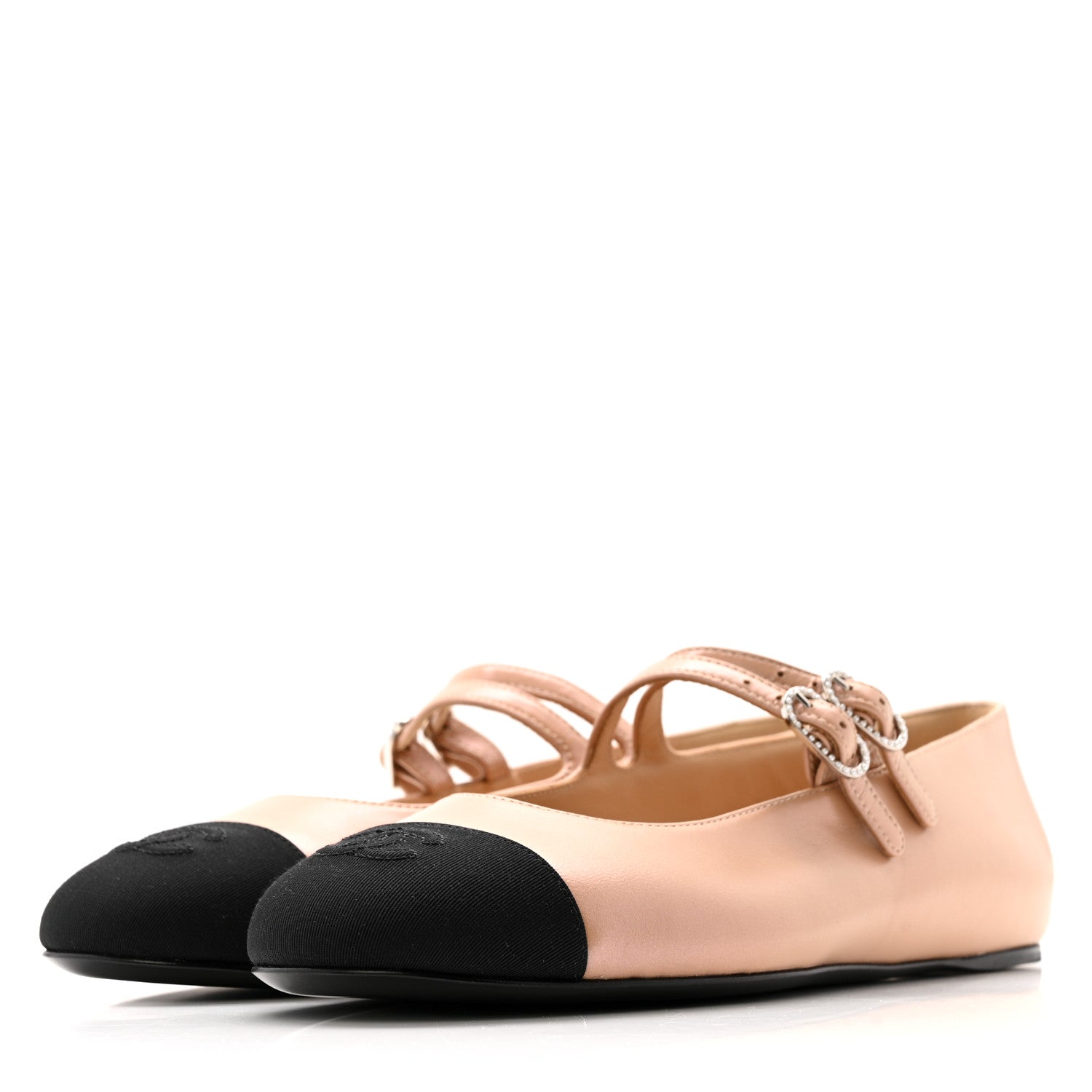 Lambskin Grosgrain Pearl Mary Jane Flats 38.5 Beige Black