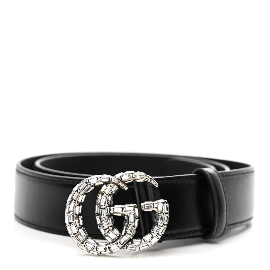 Gucci Calfskin Baguette Crystal Double G 30mm Belt 80 32 Black