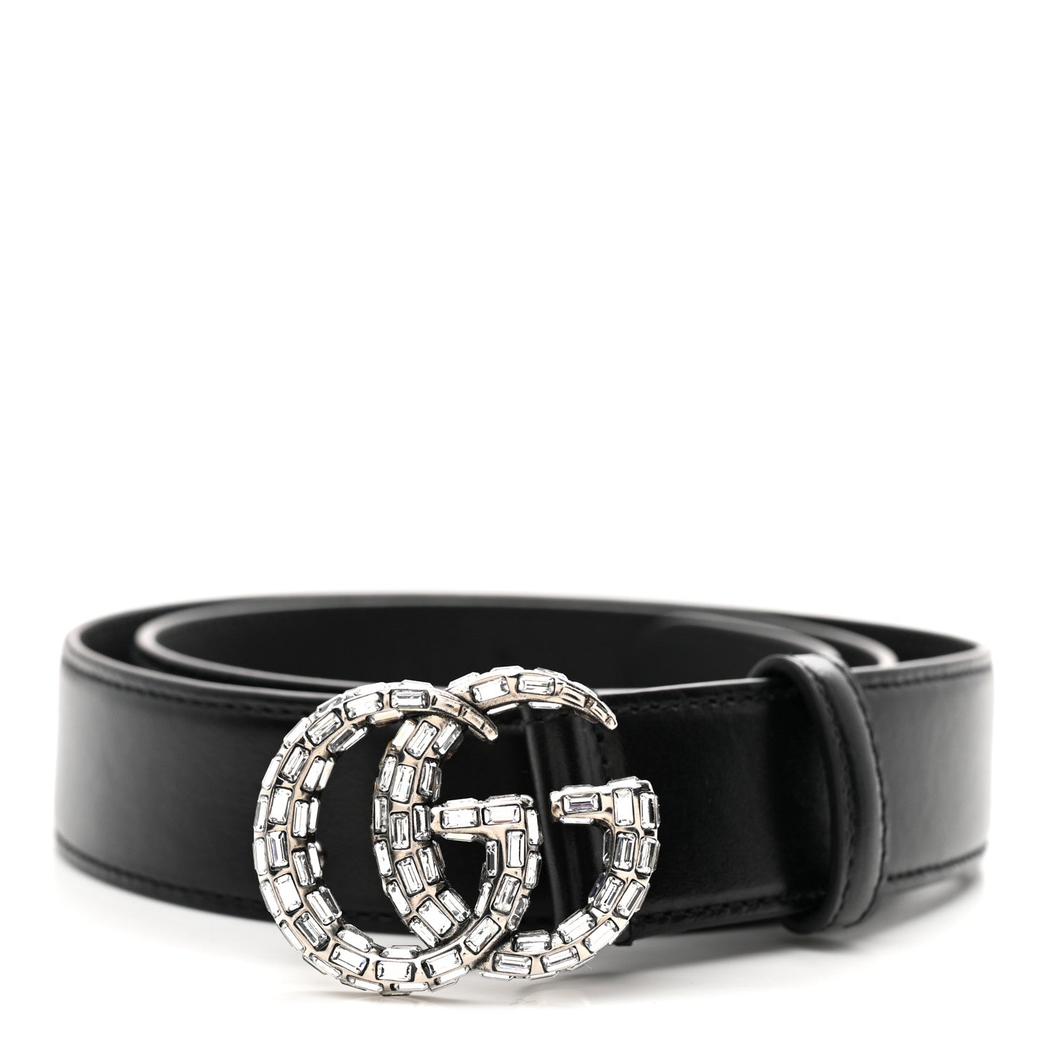 Gucci Calfskin Baguette Crystal Double G 30mm Belt 80 32 Black