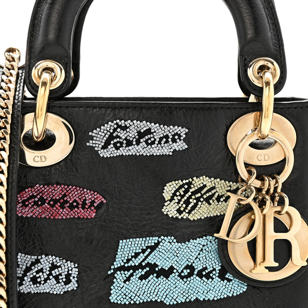 Christian Dior Calfskin Beaded Mini Lady Dior Black