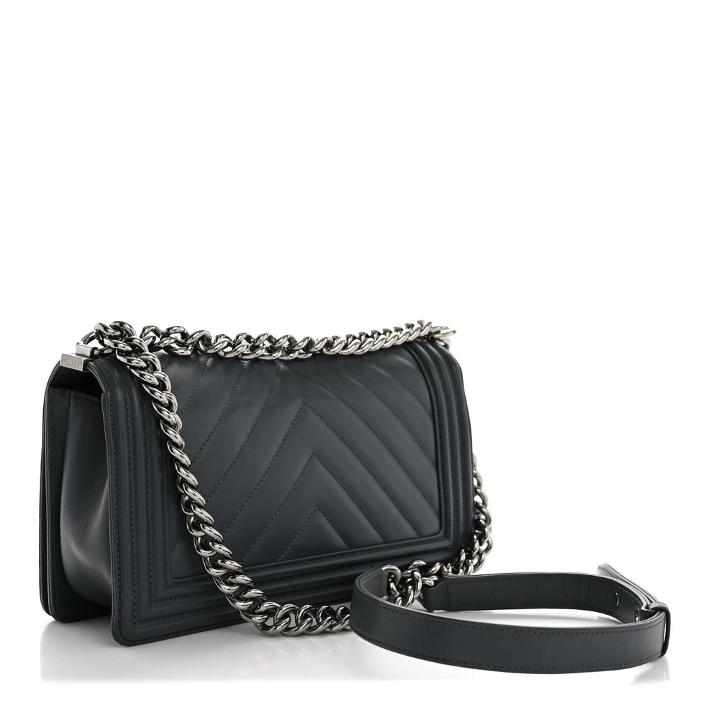 Chanel Calfskin Chevron Quilted New Medium Boy Flap Dark Navy Blue