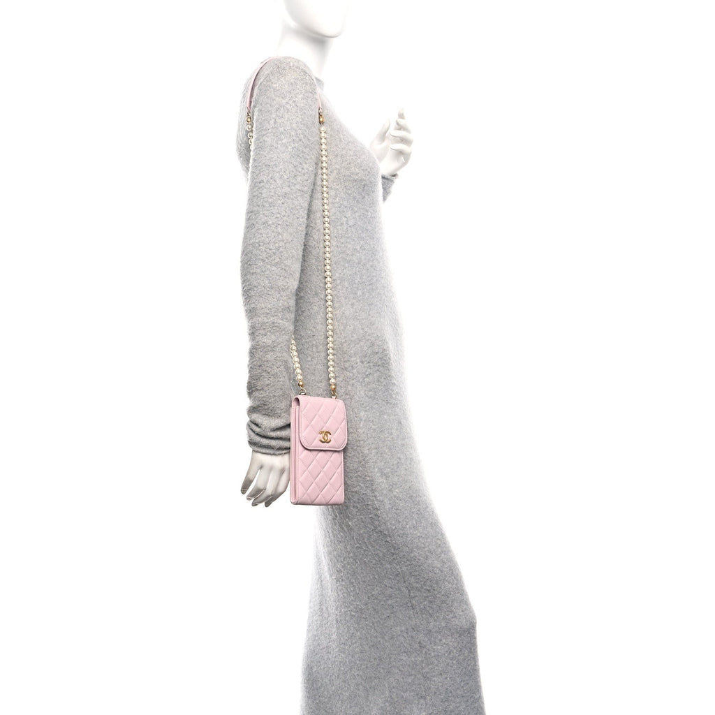 Chanel Lambskin Quilted Pearl Phone Holder With Chain Pink