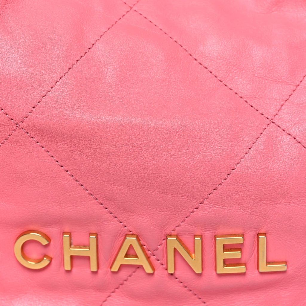 Chanel Shiny Calfskin Quilted Chanel 22 Drawstring Bag Coral Pink