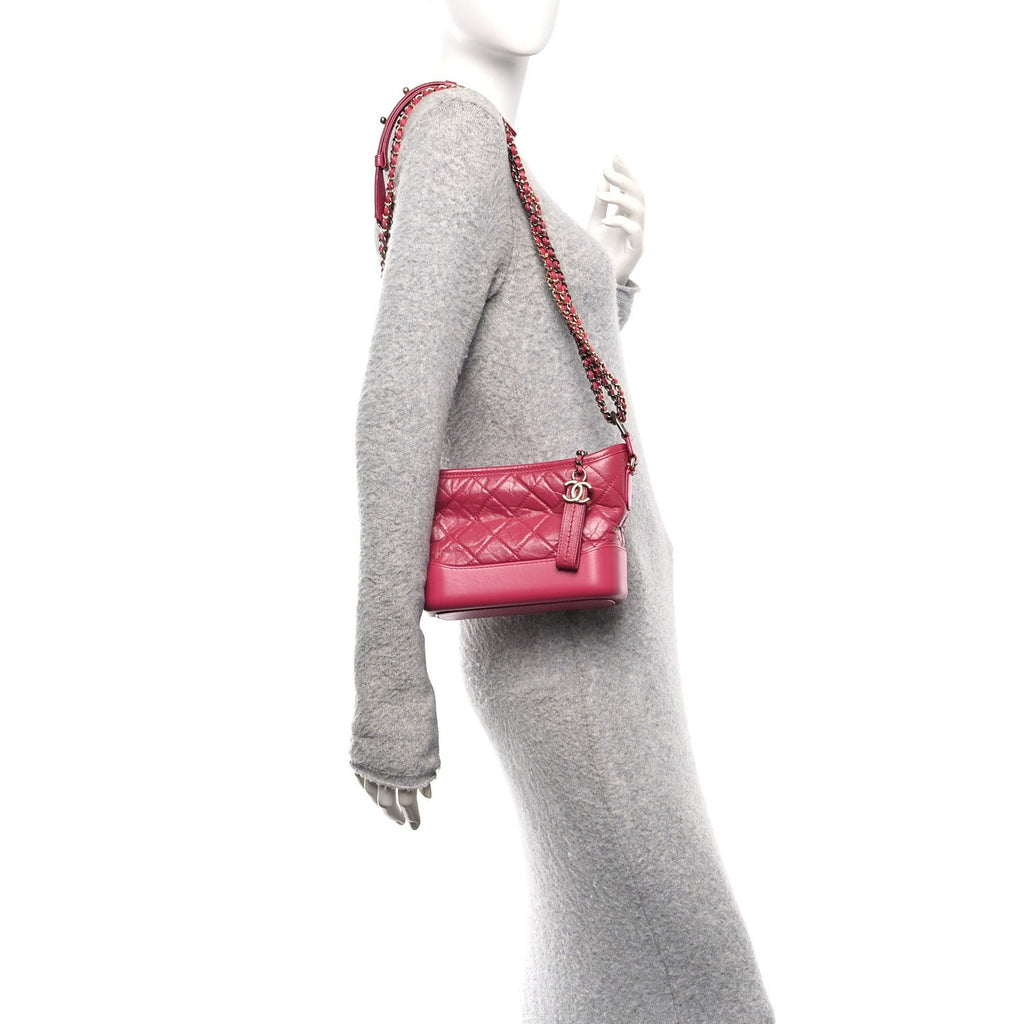 Chanel Aged Calfskin Quilted Small Gabrielle Hobo Fuchsia