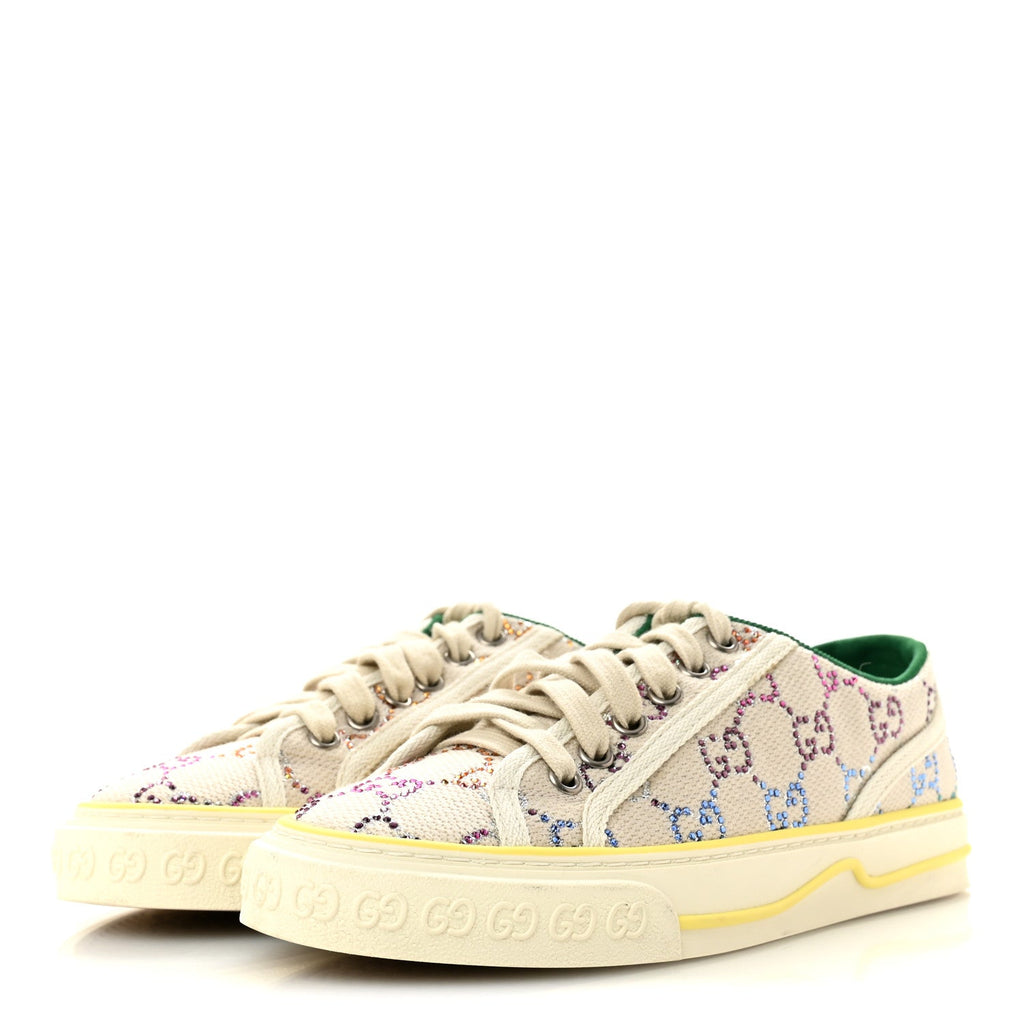 Gucci Canvas Lame Crystal GG Monogram Womens 1977 Tennis Sneakers 36 Gardenia Silver Mystic White