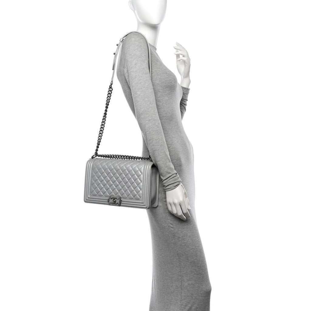 Chanel Metallic Calfskin Quilted New Medium Plexiglass Boy Flap Silver