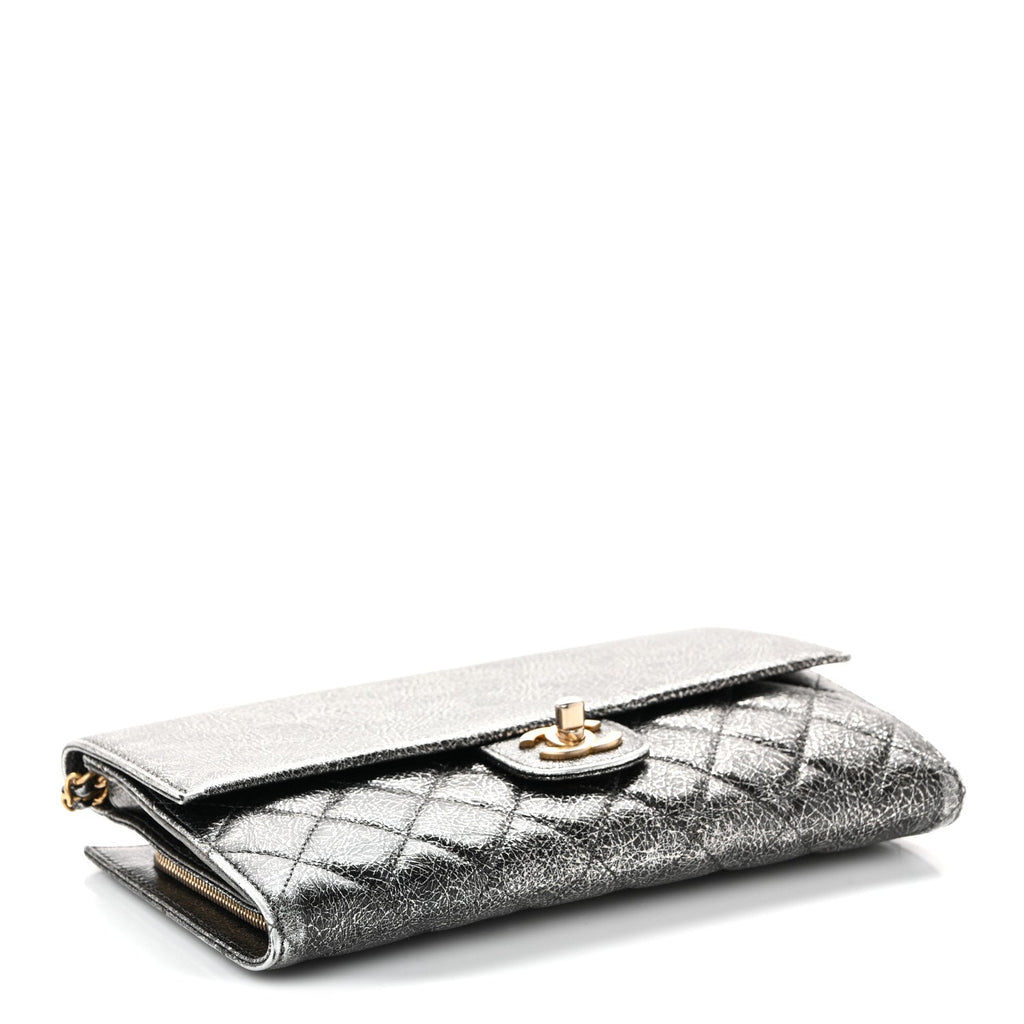 Chanel Cracked Metallic Calfskin Quilted Zip Away Chain Clutch Dark Silver