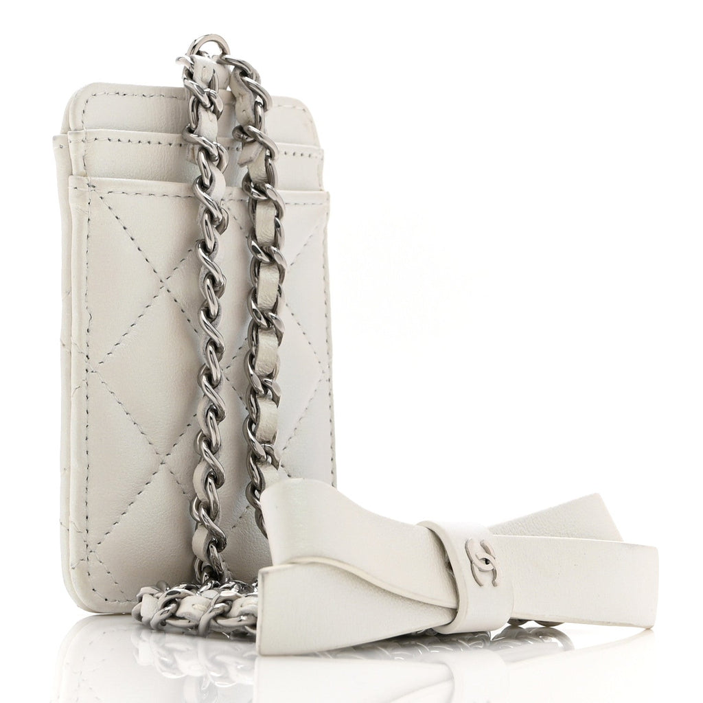 Iridescent Lambskin Quilted Coco Bow Card Holder On Chain White