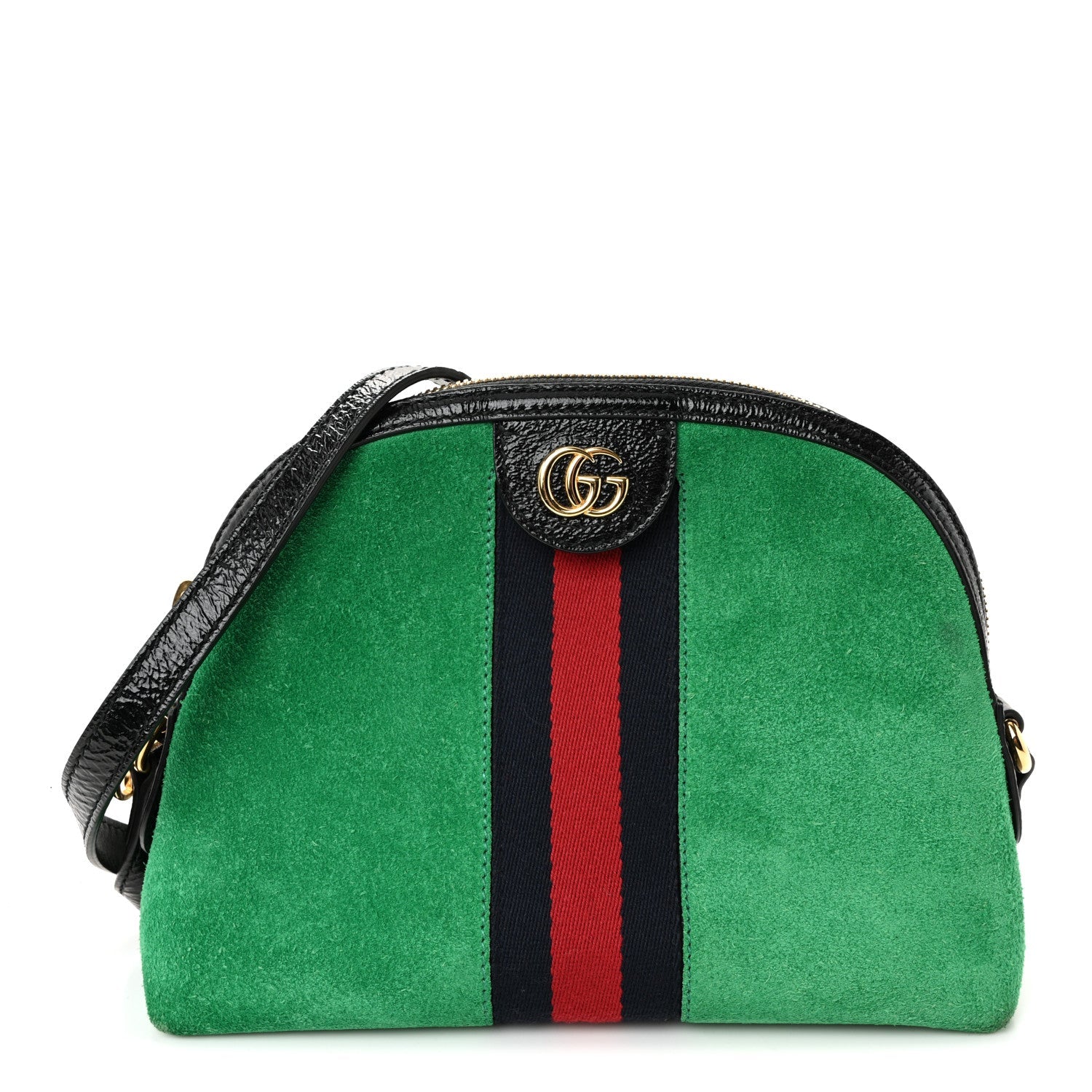 Gucci Suede Patent GG Web Small Ophidia Dome Shoulder Bag New Shamarock Black