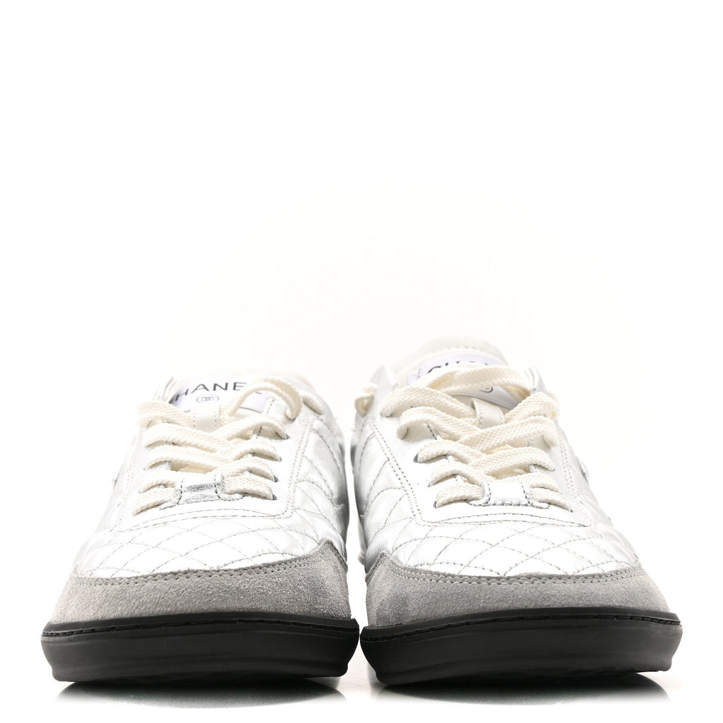 Laminated Calfskin Suede Quilted Womens CC Sneakers 38 Silver White Gray