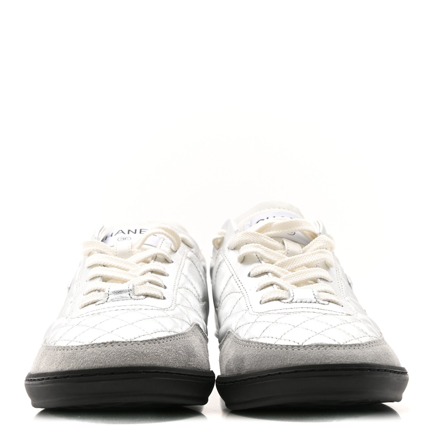 Laminated Calfskin Suede Quilted Womens CC Sneakers 38 Silver White Gray