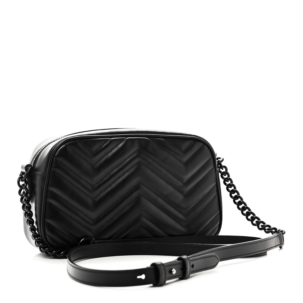 Gucci Calfskin Matelasse Monochrome Small GG Marmont Chain Shoulder Bag Black