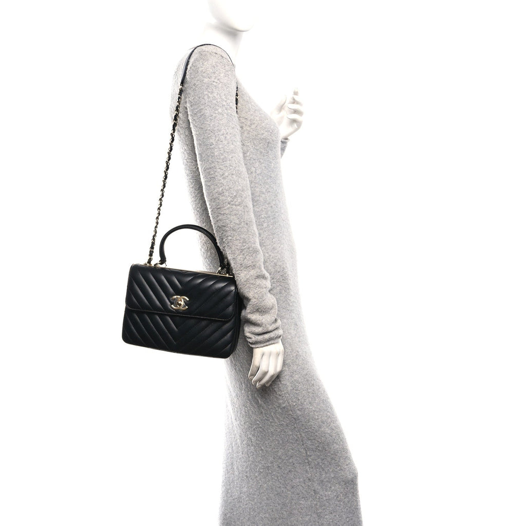 Chanel Lambskin Chevron Quilted Small Trendy CC Flap Dual Handle Bag Black