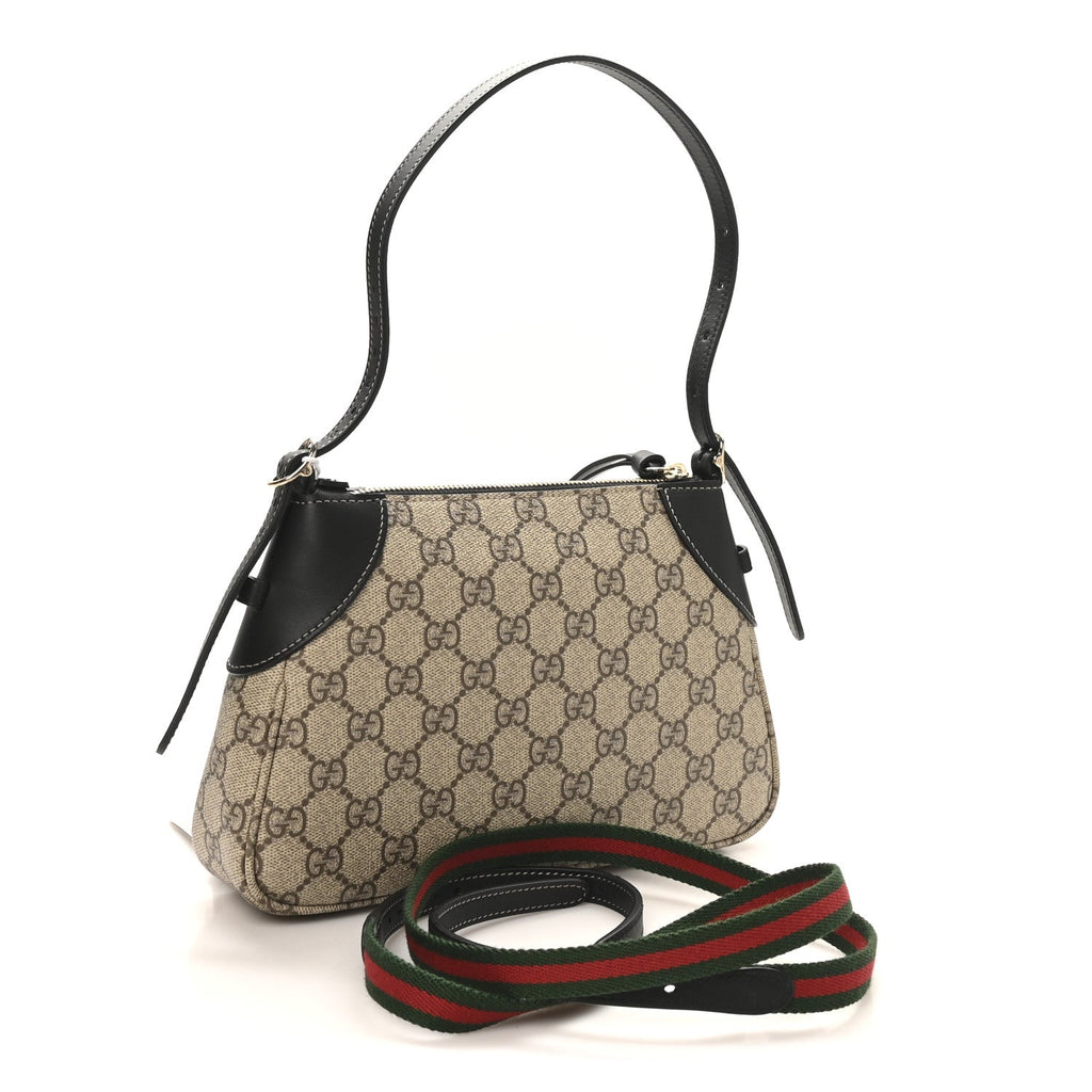 Gucci GG Supreme Monogram Textured Calfskin Small Emblem Shoulder Bag Beige Black