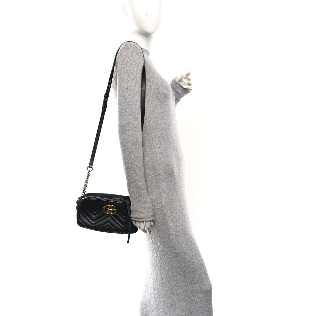 Gucci Calfskin Matelasse Small GG Marmont Chain Shoulder Bag Black