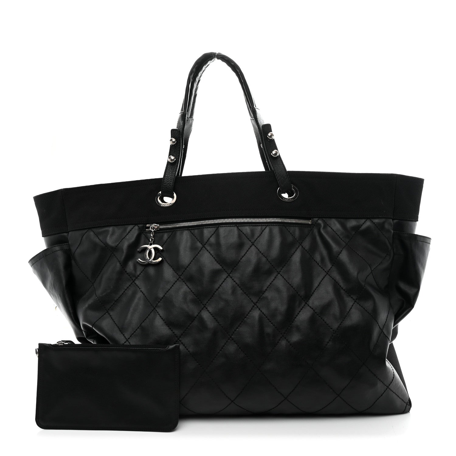 Chanel Coated Canvas Stitched XL Paris Biarritz Tote Black