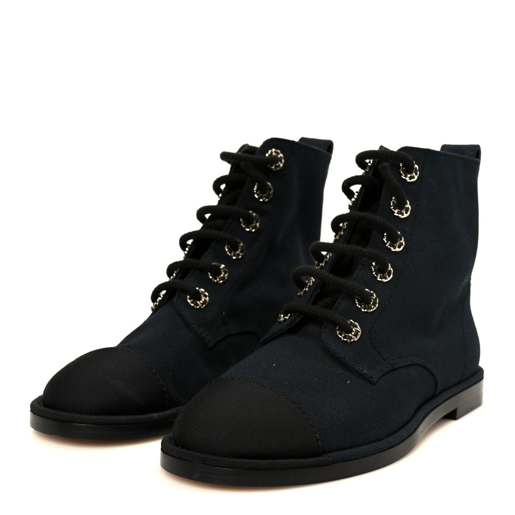 Cotton Grosgrain Cap Toe CC Lace Up Boots 37 Black