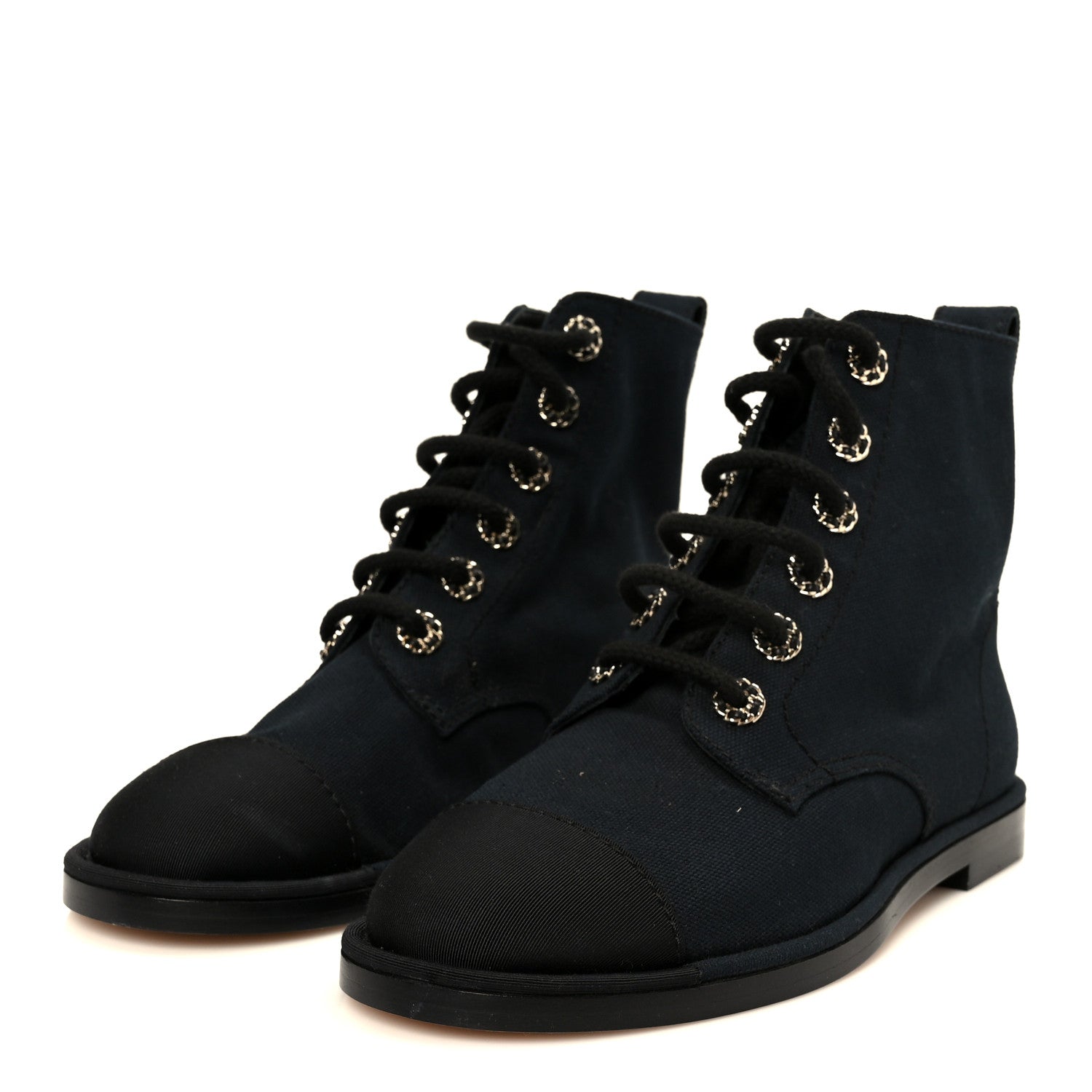 Cotton Grosgrain Cap Toe CC Lace Up Boots 37 Black
