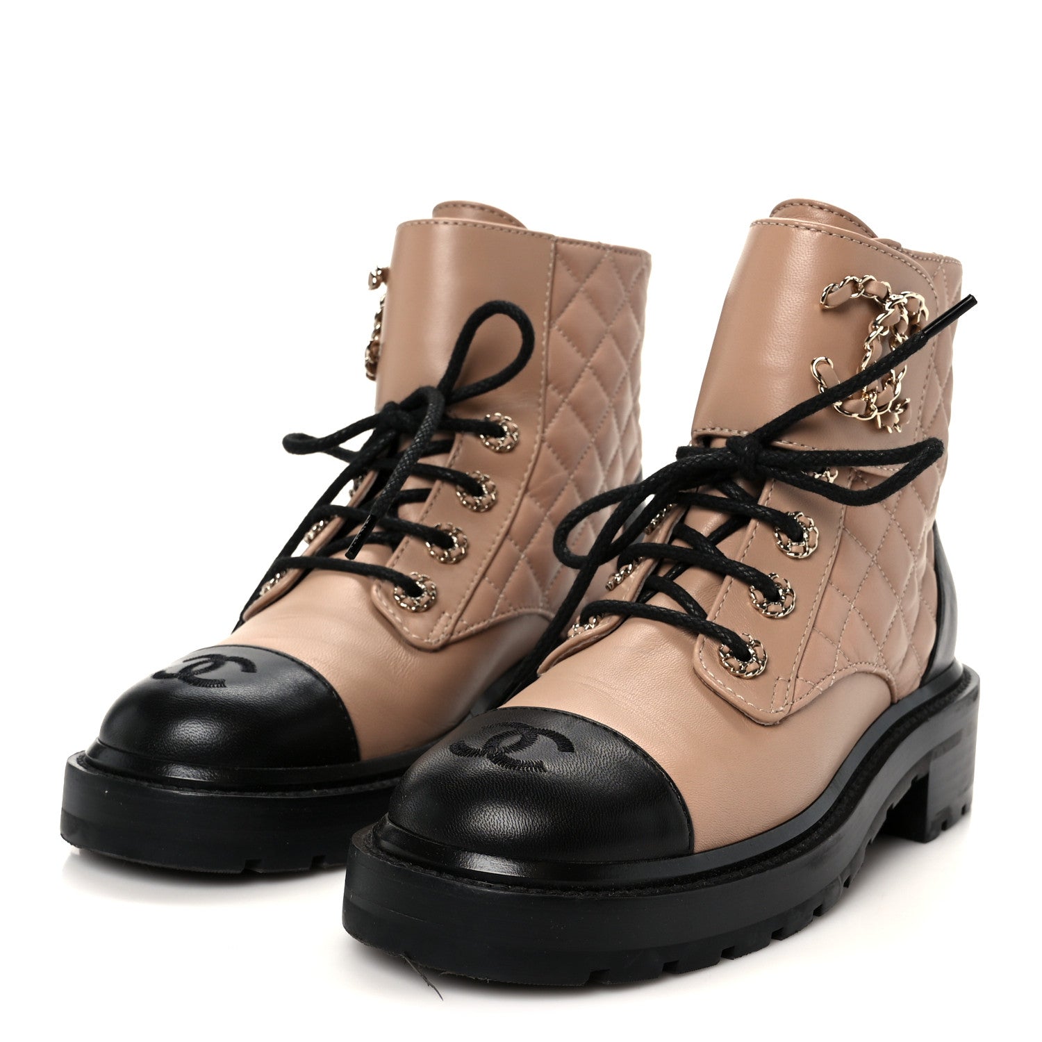 Chanel Shiny Lambskin Quilted Lace Up Combat Boots 36 Beige Black