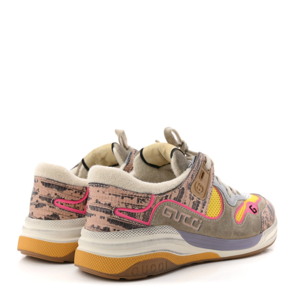 Gucci Suede Calfskin Tejus Printed Womens Ultrapace Sneakers 37.5 Pink Silver Oatmeal Yolk