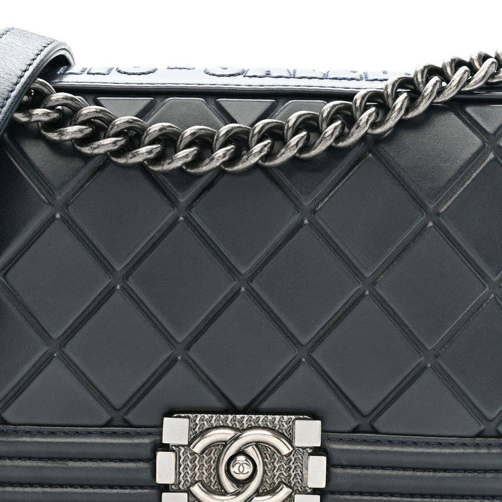 Chanel Calfskin Embossed Medium Paris Salzburg Boy Flap Navy