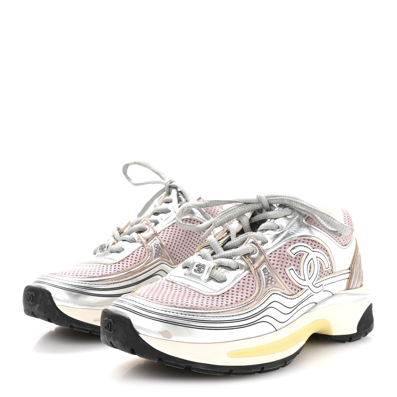 Fabric Laminated Calfskin Stretch CC Womens Sneakers 37 Purple Silver