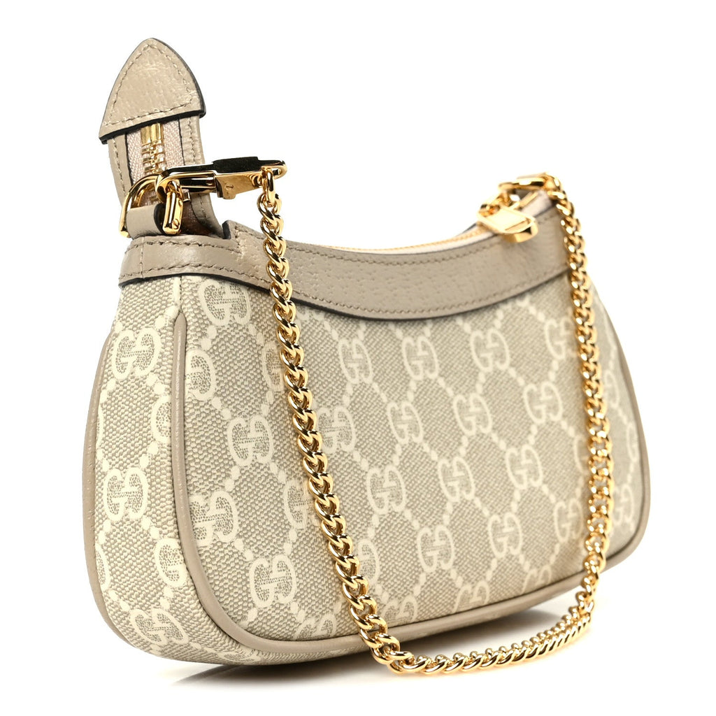 Gucci GG Supreme Monogram Textured Dollar Calfskin Web Mini Ophidia GG Handbag Beige Mystic White Oatmeal