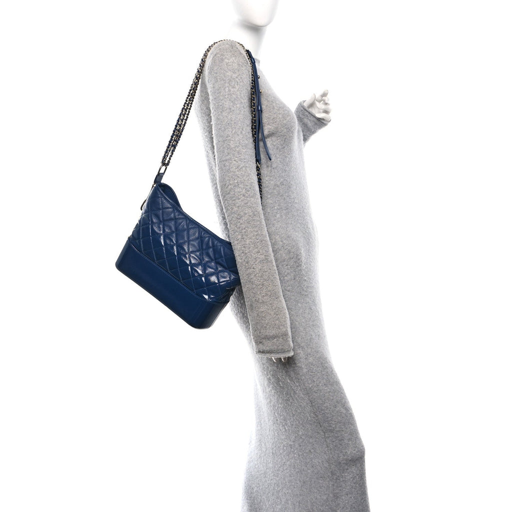 Chanel Patent Goatskin Quilted Medium Gabrielle Hobo Blue