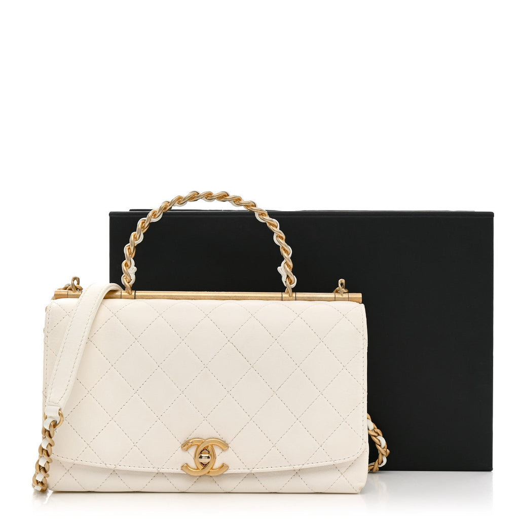 Chanel Lambskin Quilted La Parisienne Top Handle Flap White