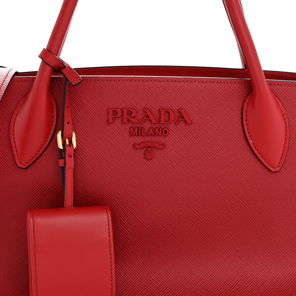 Prada Saffiano Cuir Calfskin Medium Monochrome Top Handle Tote Fuoco