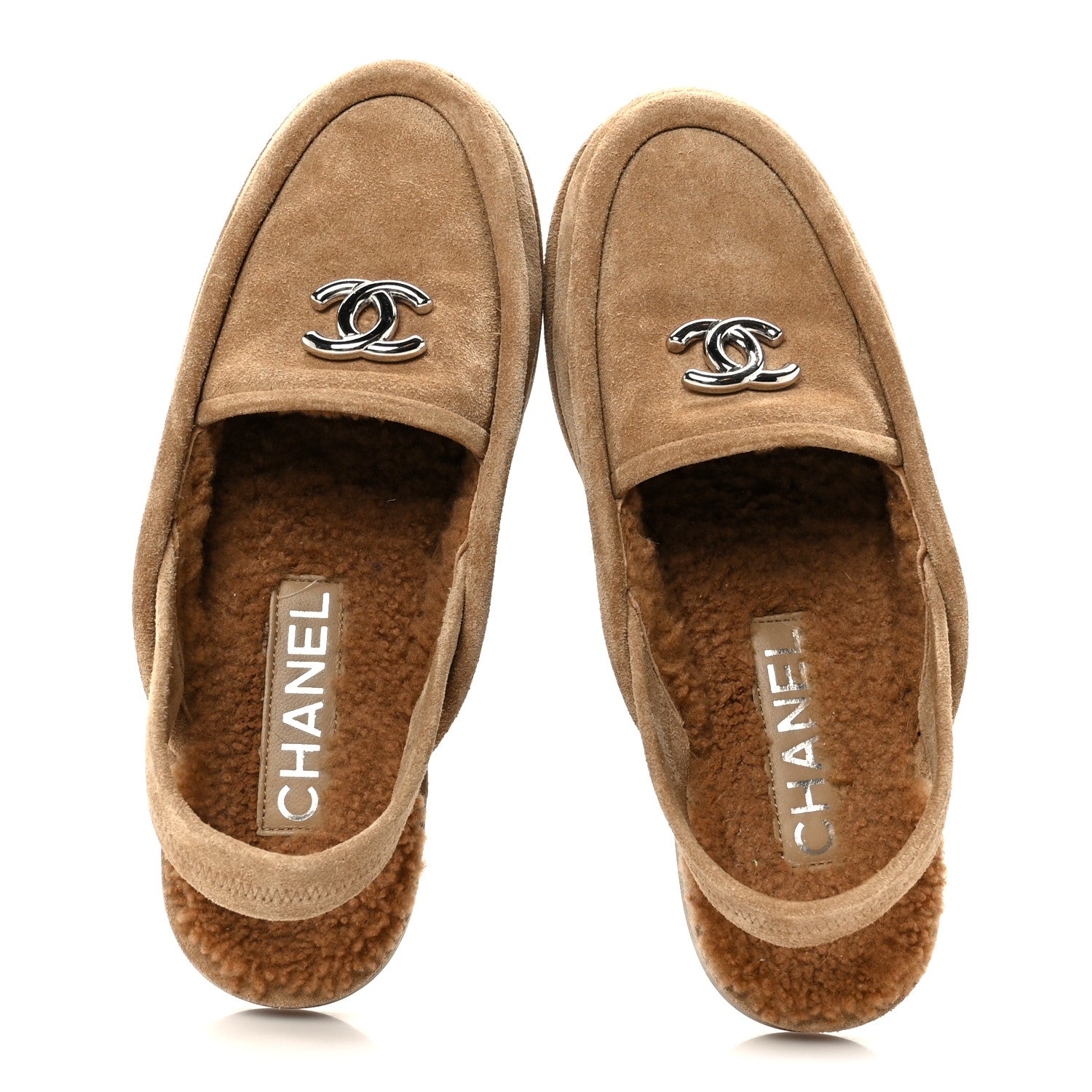 Chanel Suede Calfskin CC Slingback Loafers 35 Dark Beige