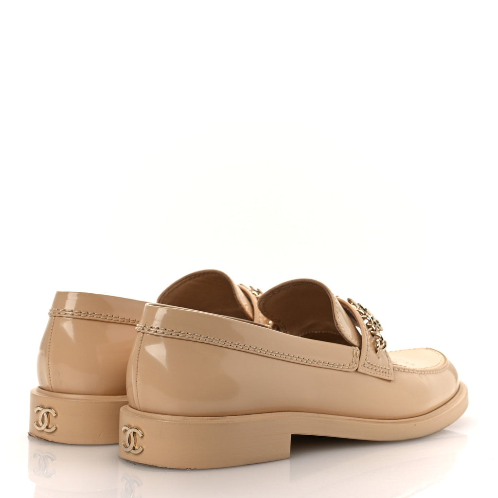 Chanel Shiny Calfskin Logo Loafers 40 Beige